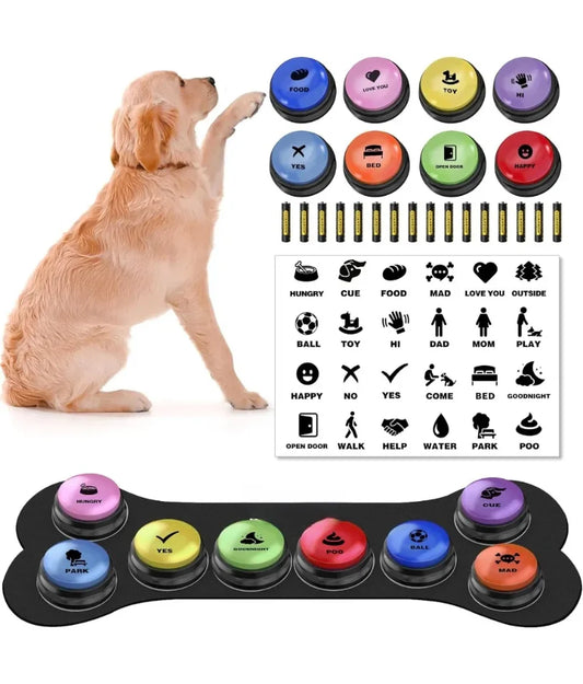 Pulsanti per cani per comunicazione, Pulsanti per parcheggi per cani, 8 pulsanti sonori registrabili + 24 modelli di scena + 1 tappetino per bottoni per cani + 16 AAA