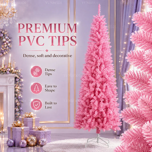 Albero di Natale Rosa a Forma di Matita, Albero Artificiale Sottile in PVC, 120-210 cm, Supporto in Metallo Bianco Opzionale, Decorazione Natalizia con LED USB Bianco Caldo