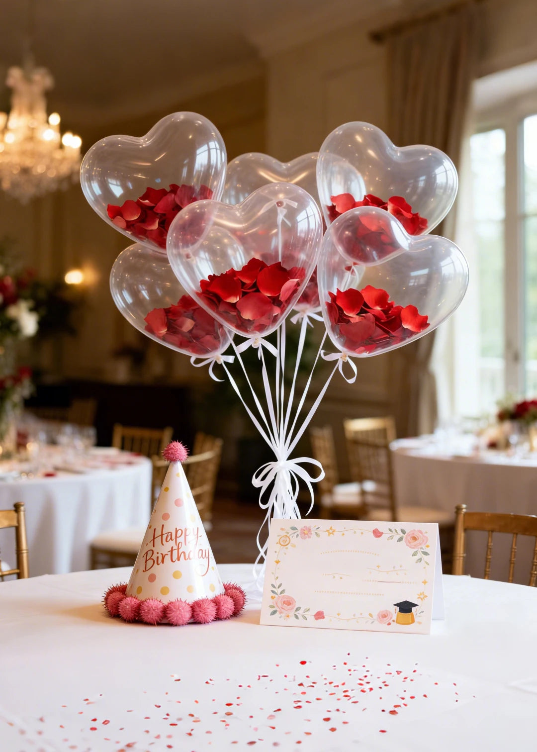1 set di palloncini a forma di cuore decorati con petali di rosa rossa e nastri bianchi, perfetti per decorare compleanni, matrimoni, anniversari, addio al nubilato, celebrazioni di Capodanno e feste di San Valentino