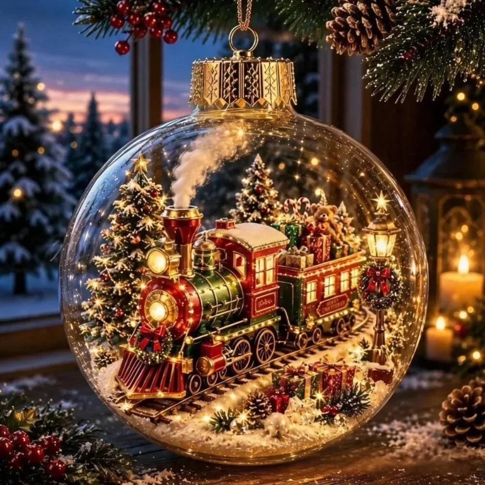 1 pezzo di ornamento natalizio a forma di palla in acrilico da 8 cm, design trasparente con ciondolo luminoso di Babbo Natale, decorazione natalizia da appendere.