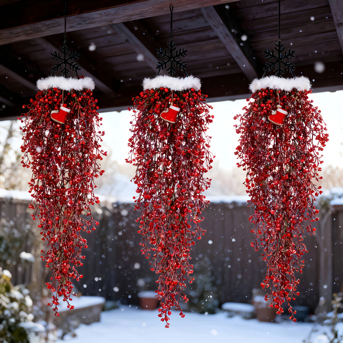 3 pezzi di piante artificiali sospese ghirlanda di plastica felce rosse pianta di edera finta per la decorazione del giardino della festa della tavola di nozze di casa di Natale