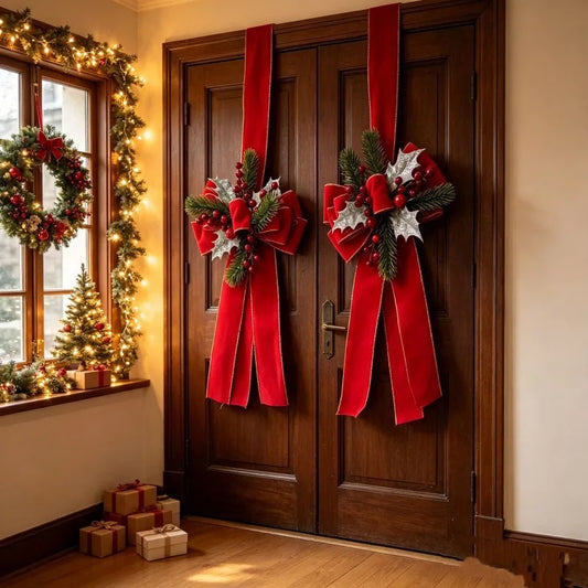 Decorazioni Natalizie per Porta con Fiocchi, Rami di Pino e Bacche Rosse, Pendente Natalizio 2027