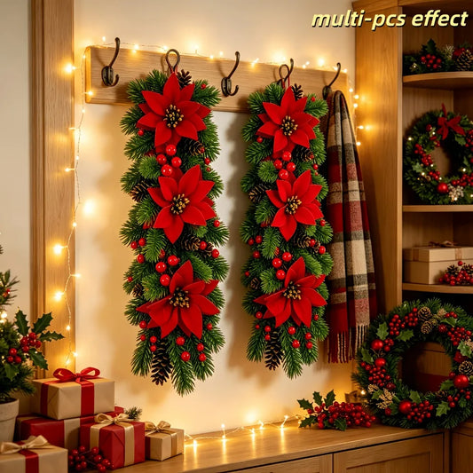 Fiori di Poinsettia Artificiali per Natale, Decorazioni Festive con Rami di Pino Artificiali per Porte e Finestre di Natale