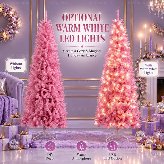 Albero di Natale Rosa a Forma di Matita, Albero Artificiale Sottile in PVC, 120-210 cm, Supporto in Metallo Bianco Opzionale, Decorazione Natalizia con LED USB Bianco Caldo