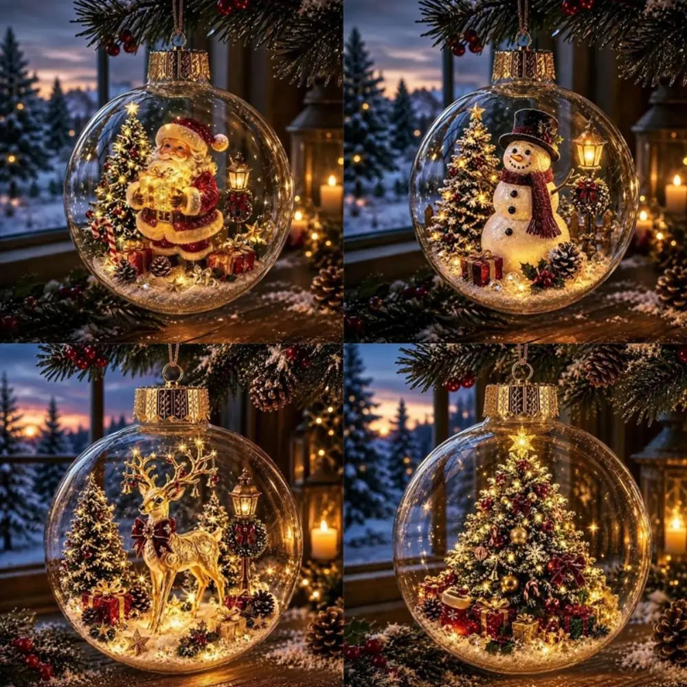 Palla di Natale in Acrilico Trasparente, Dimensione 8CM, Decorazione Natalizia da Appendere con Luce e Ciondolo Babbo Natale