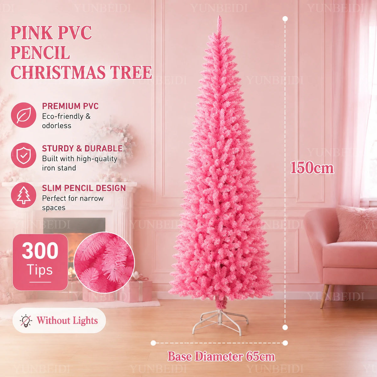 Albero di Natale Rosa a Forma di Matita, Albero Artificiale Sottile in PVC, 120-210 cm, Supporto in Metallo Bianco Opzionale, Decorazione Natalizia con LED USB Bianco Caldo