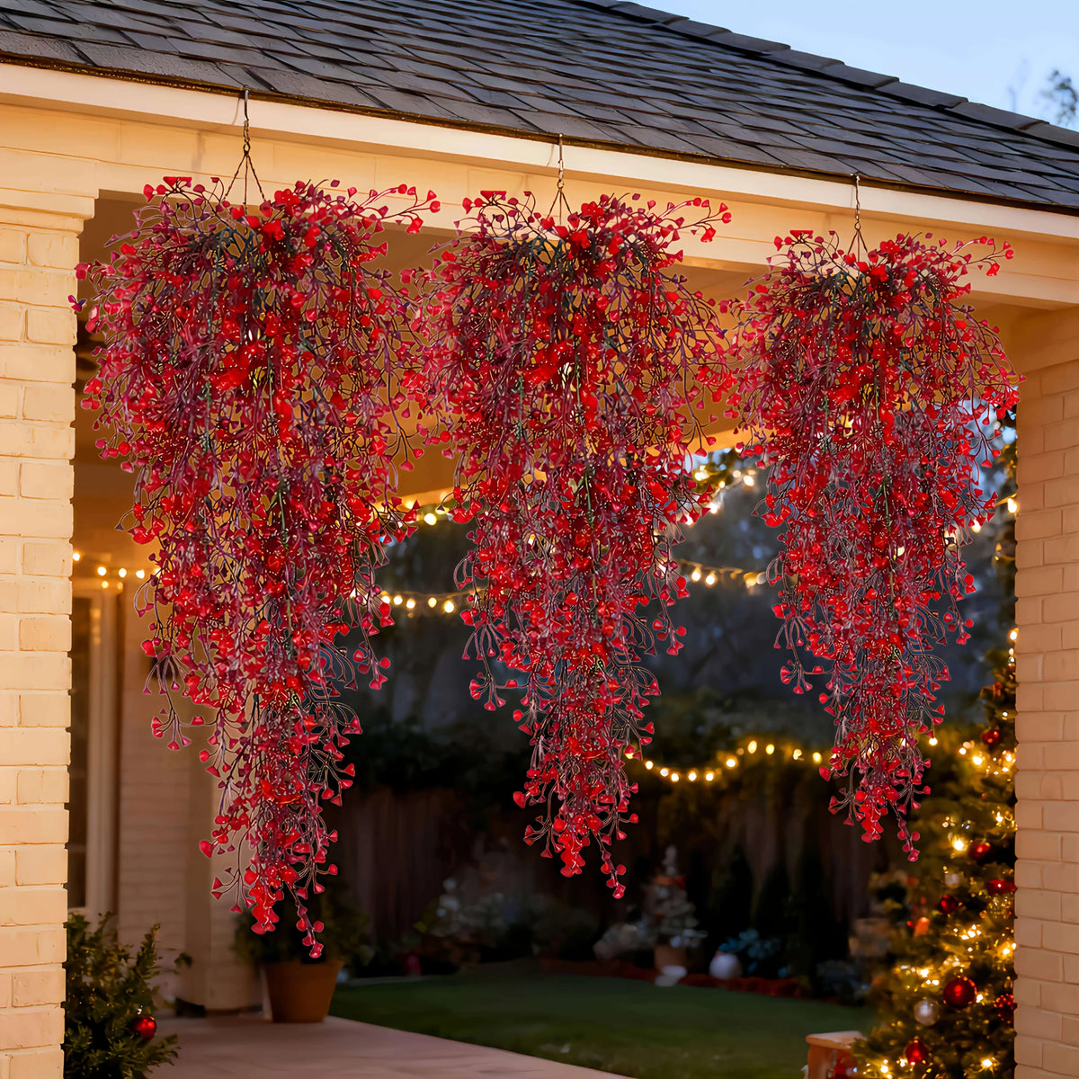 3 pezzi di piante artificiali sospese ghirlanda di plastica felce rosse pianta di edera finta per la decorazione del giardino della festa della tavola di nozze di casa di Natale