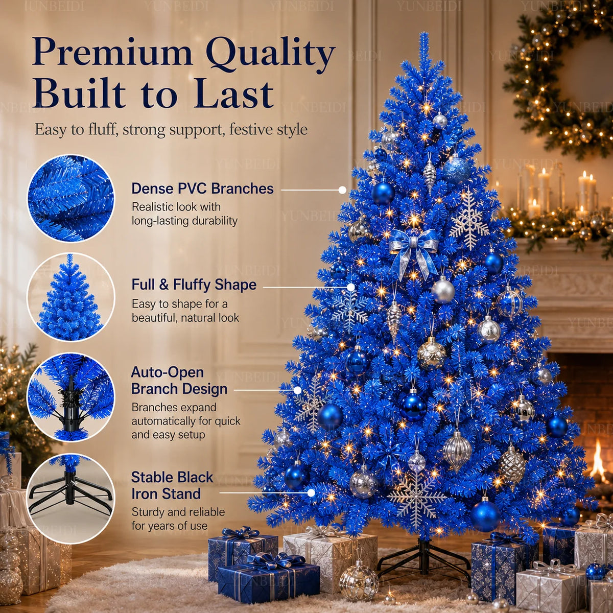 Lussuoso Albero di Natale Blu Artificiale con Rami in PVC e Luci LED Calde, Tema Neve, per Decorazioni Natalizie e Feste in Casa