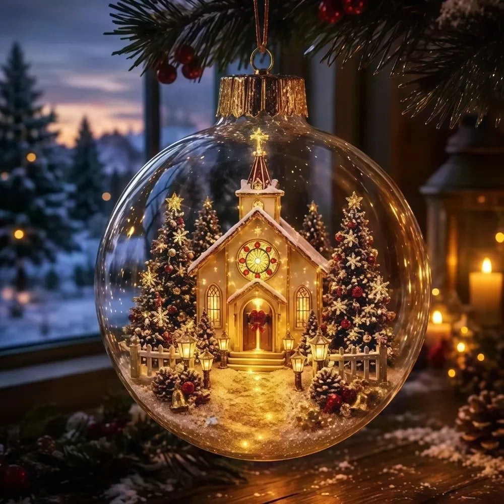 1 pezzo di ornamento natalizio a forma di palla in acrilico da 8 cm, design trasparente con ciondolo luminoso di Babbo Natale, decorazione natalizia da appendere.