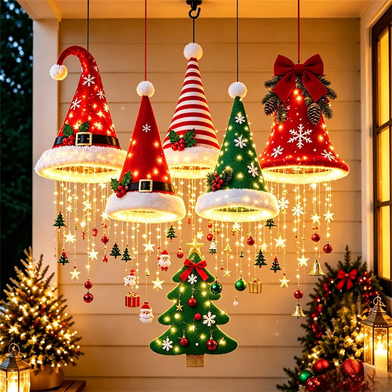 Lampadario a Forma di Cappello di Babbo Natale Illuminato - Decorazioni Natalizie a LED Calde e Luminose, 5 Stili per Decorazioni Festive