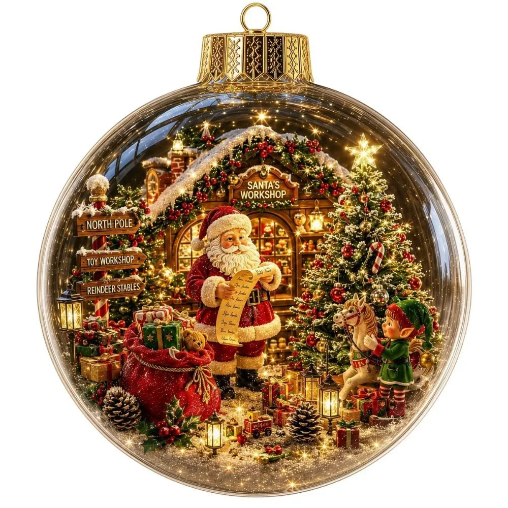 1 pezzo di ornamento natalizio a forma di palla in acrilico da 8 cm, design trasparente con ciondolo luminoso di Babbo Natale, decorazione natalizia da appendere.