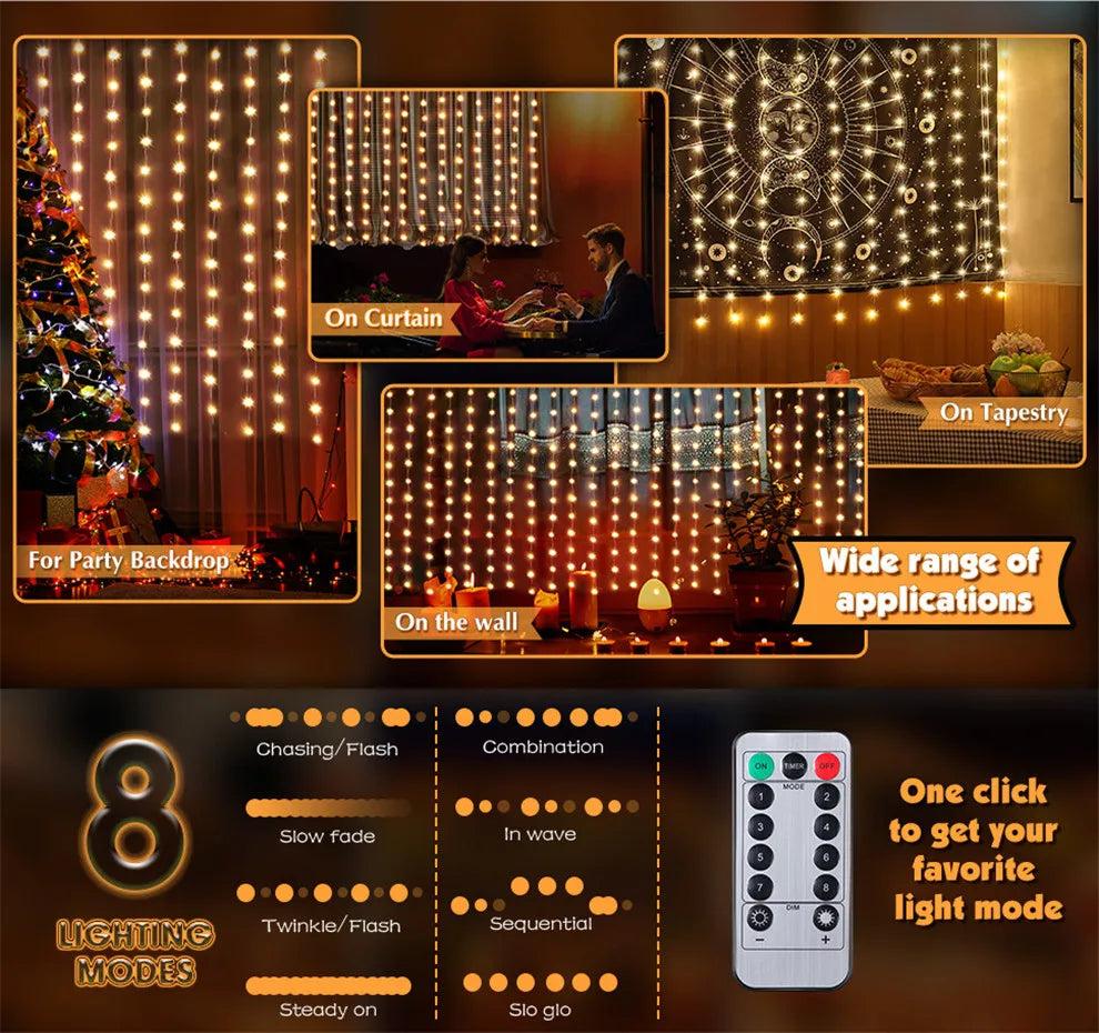 Luci natalizie LED Luci per tende a corda fata 8 modalità Telecomando USB Festone Decorazioni natalizie per le vacanze domestiche Lampada di Capodanno