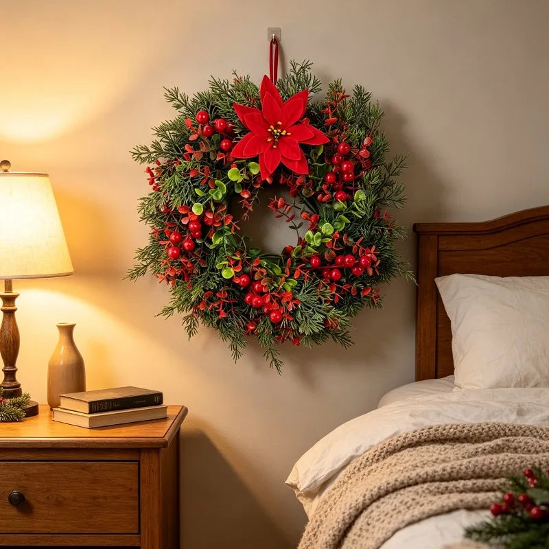 Ghirlanda Natalizia Luminosa di Pino ed Eucalipto, Ghirlanda Artificiale con Bacche Rosse per Decorazione di Portici, Case di Campagna e Feste Natalizie
