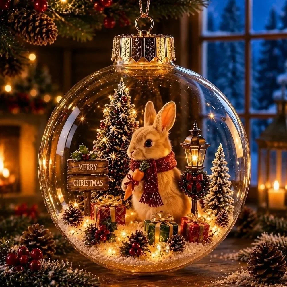 1 pezzo di ornamento natalizio a forma di palla in acrilico da 8 cm, design trasparente con ciondolo luminoso di Babbo Natale, decorazione natalizia da appendere.