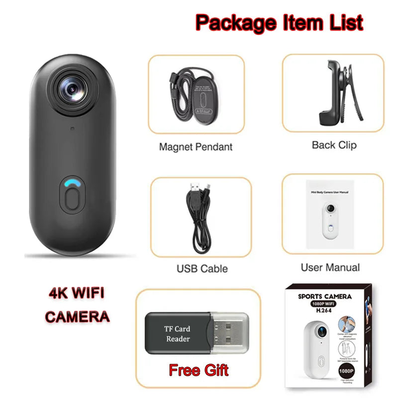 Videocamera d'Azione 4K Mini HD WiFi 2.4G Impermeabile con Clip Magnetica, Telecamera POV Indossabile per Moto e Corpo