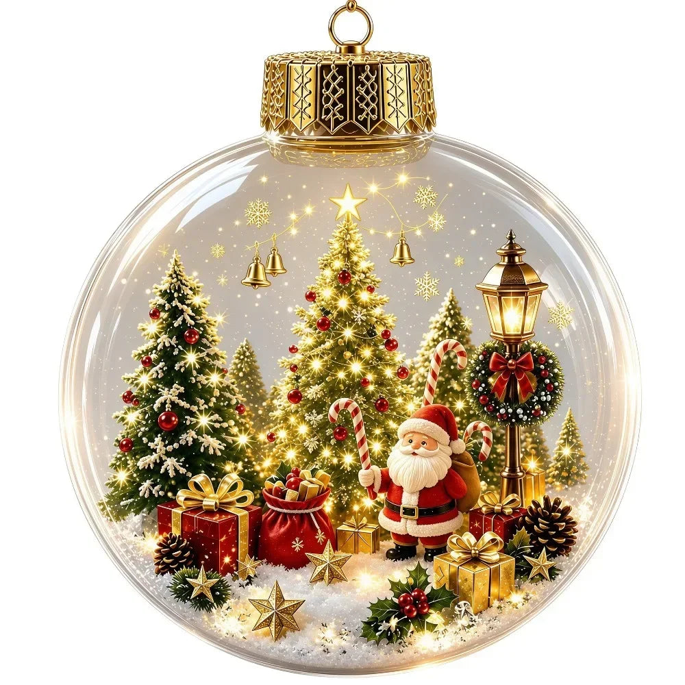 1 pezzo di ornamento natalizio a forma di palla in acrilico da 8 cm, design trasparente con ciondolo luminoso di Babbo Natale, decorazione natalizia da appendere.