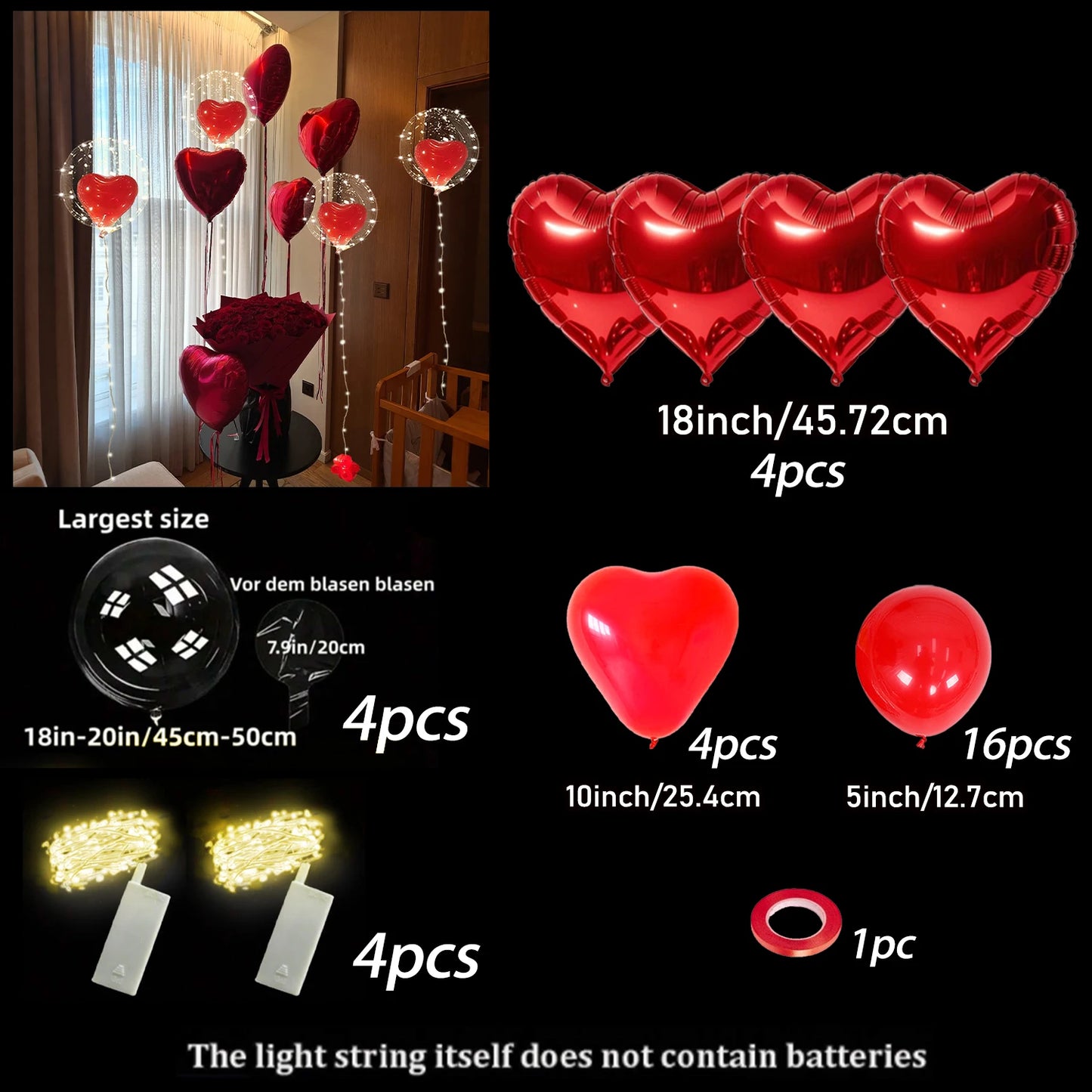 Set di palloncini d'amore Palloncino Bobo con stringa di luce a LED (esclusa alimentazione interna) Palloncino decorativo per proposta di matrimonio anniversario