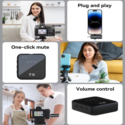 Microfono 3in1 per iPhone/Android, wireless, trasmissione da 328 piedi, mini microfono per interviste registrate