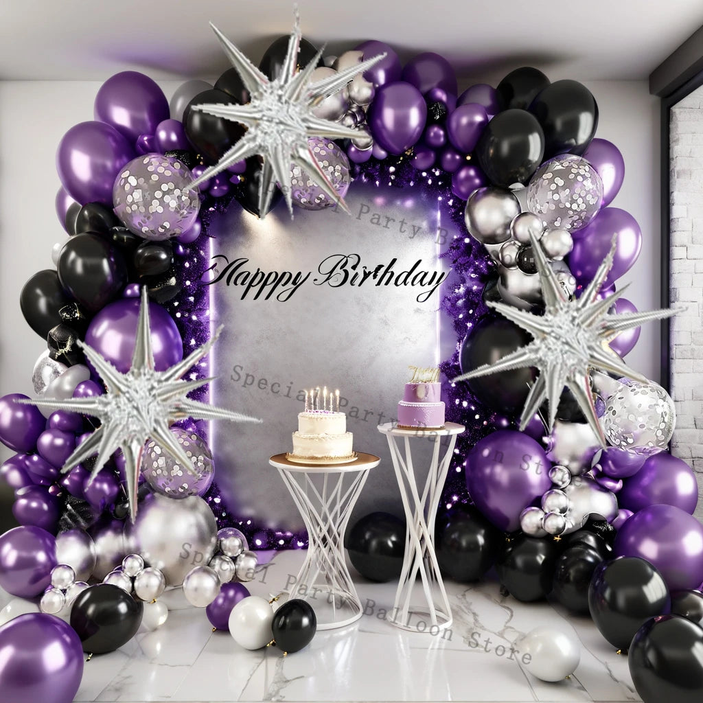 Kit arco ghirlanda di palloncini neri viola argento Palloncino di coriandoli in lattice Decorazioni per feste di buon compleanno Anniversario di matrimonio Baby Shower