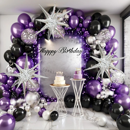 Kit arco ghirlanda di palloncini neri viola argento Palloncino di coriandoli in lattice Decorazioni per feste di buon compleanno Anniversario di matrimonio Baby Shower