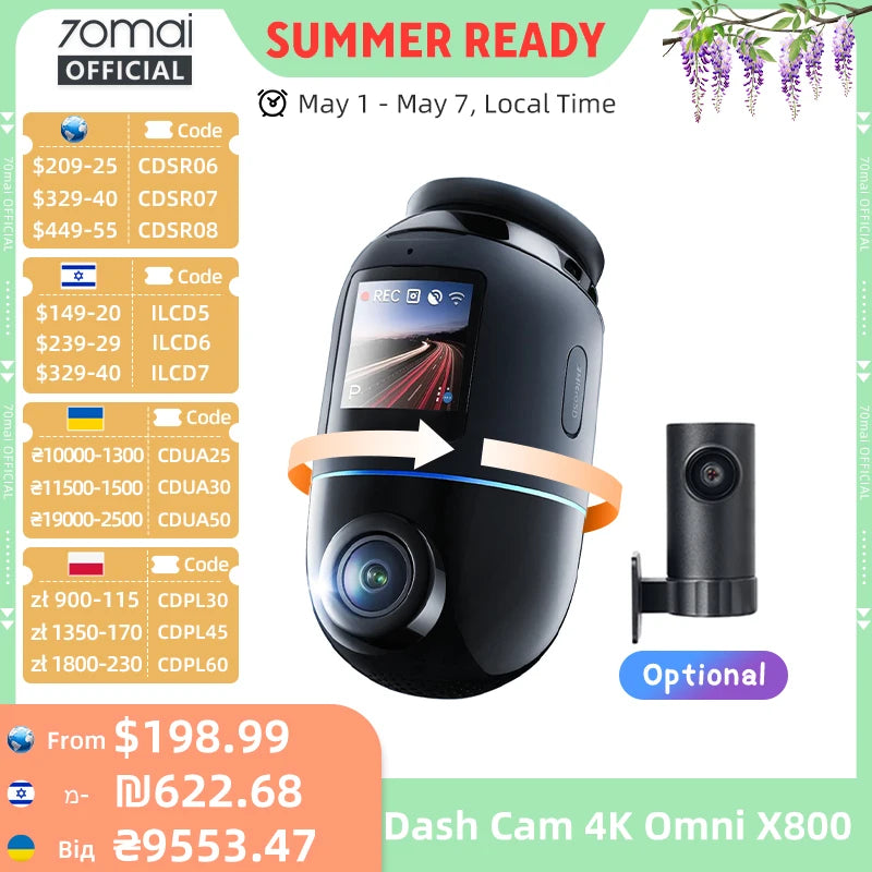 Versione globale 70mai Dash Cam 4K Omni X800 360 °   Supercondensatore compatibile 4G con supporto HDR a doppio canale rotante 70mai X800 Omni