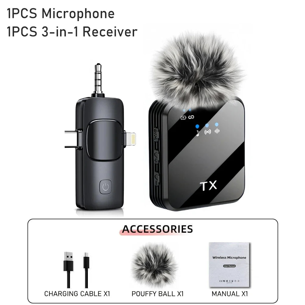 Microfono 3in1 per iPhone/Android, wireless, trasmissione da 328 piedi, mini microfono per interviste registrate