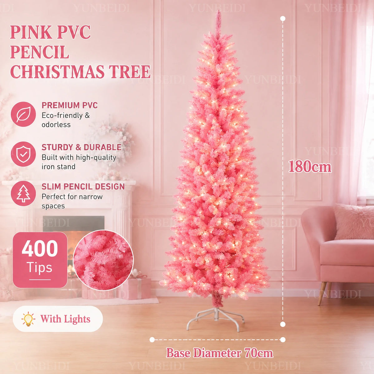 Albero di Natale Rosa a Forma di Matita, Albero Artificiale Sottile in PVC, 120-210 cm, Supporto in Metallo Bianco Opzionale, Decorazione Natalizia con LED USB Bianco Caldo