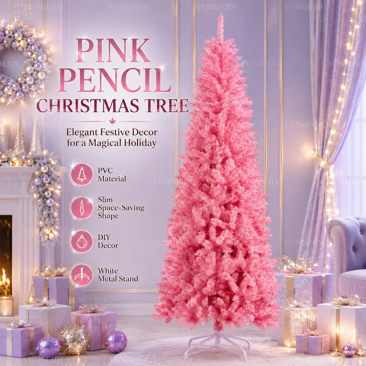 Albero di Natale Rosa a Forma di Matita, Albero Artificiale Sottile in PVC, 120-210 cm, Supporto in Metallo Bianco Opzionale, Decorazione Natalizia con LED USB Bianco Caldo