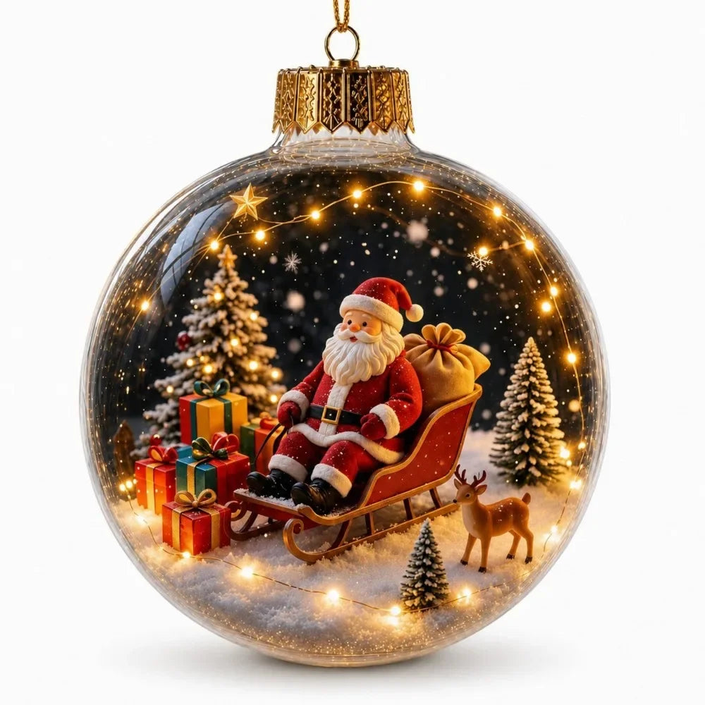 1 pezzo di ornamento natalizio a forma di palla in acrilico da 8 cm, design trasparente con ciondolo luminoso di Babbo Natale, decorazione natalizia da appendere.