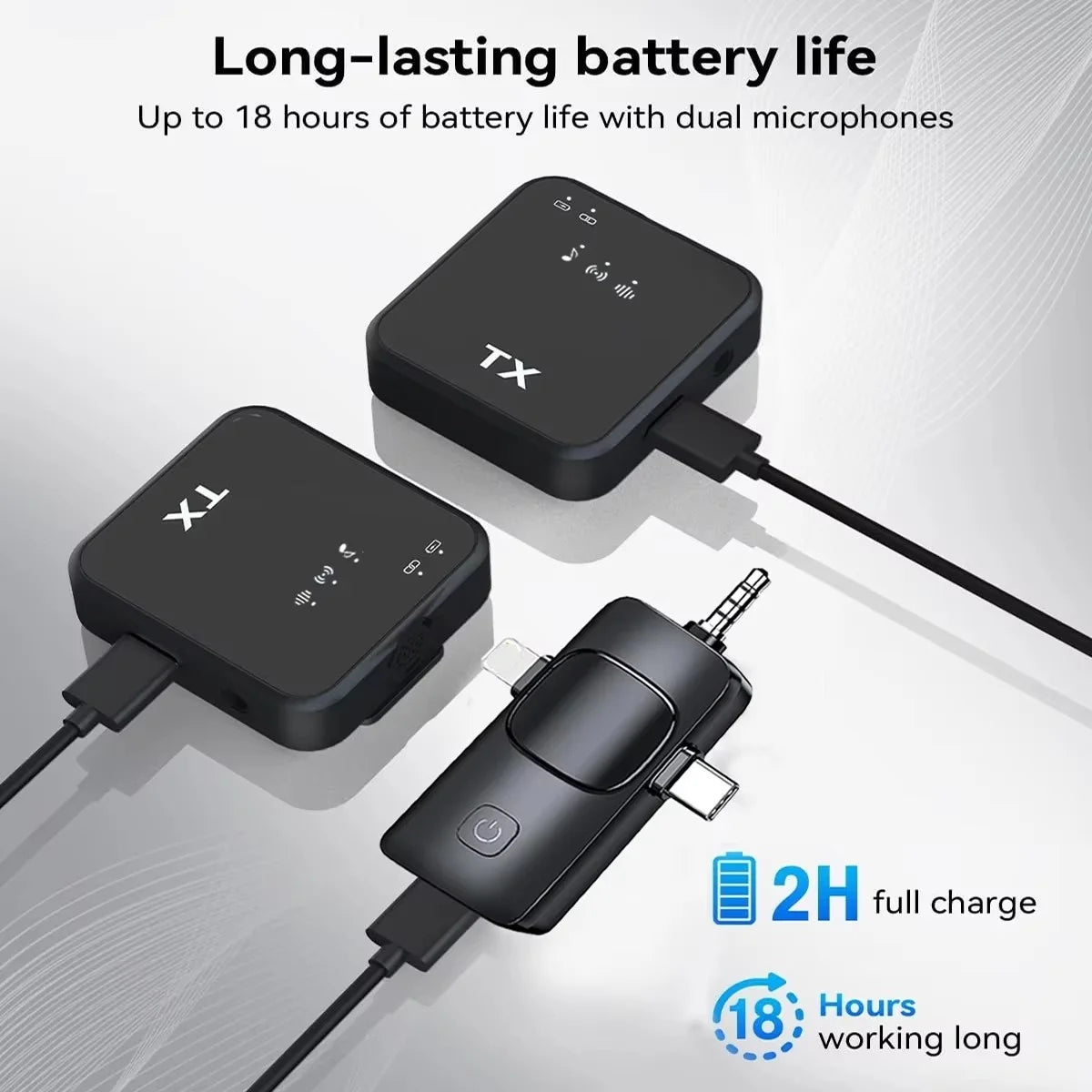 Microfono 3in1 per iPhone/Android, wireless, trasmissione da 328 piedi, mini microfono per interviste registrate