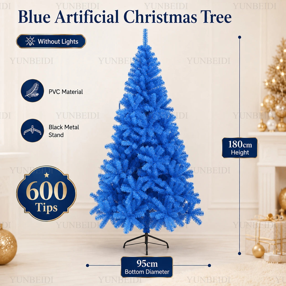 Lussuoso Albero di Natale Blu Artificiale con Rami in PVC e Luci LED Calde, Tema Neve, per Decorazioni Natalizie e Feste in Casa