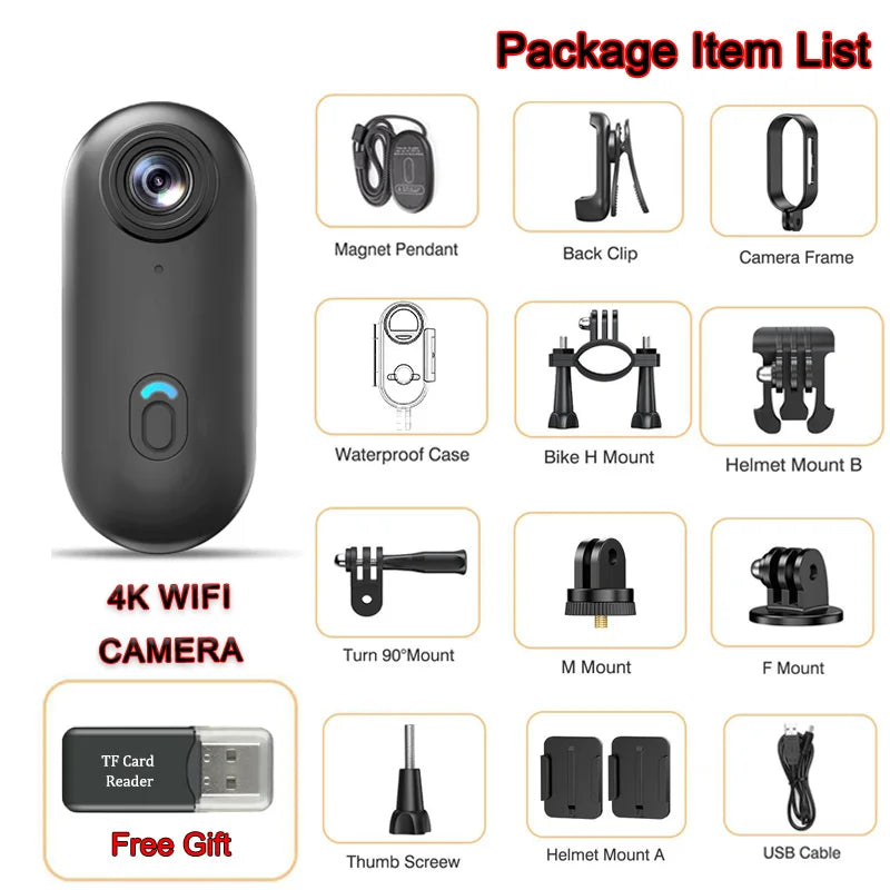 Videocamera d'Azione 4K Mini HD WiFi 2.4G Impermeabile con Clip Magnetica, Telecamera POV Indossabile per Moto e Corpo