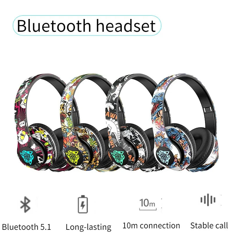 Nuovi Auricolari LED Stile Graffiti Bluetooth Cablati e Wireless, Pieghevoli con Bassi Potenti, Stereo HIFI per Musica e Sport