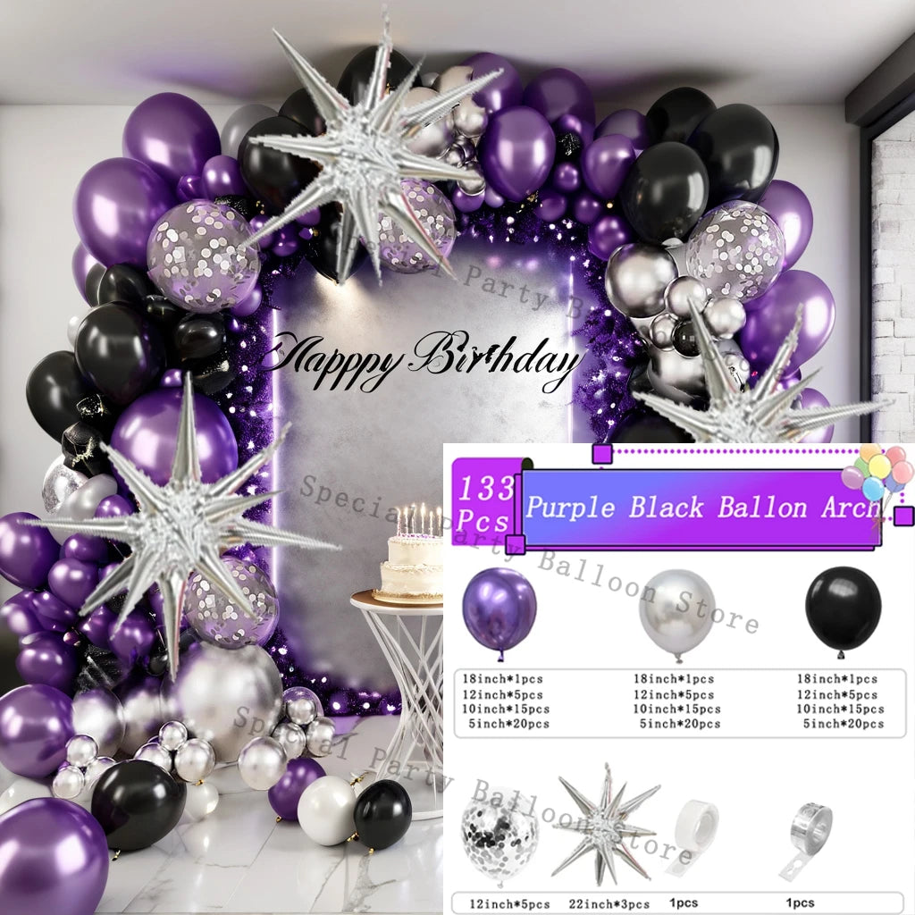 Kit arco ghirlanda di palloncini neri viola argento Palloncino di coriandoli in lattice Decorazioni per feste di buon compleanno Anniversario di matrimonio Baby Shower