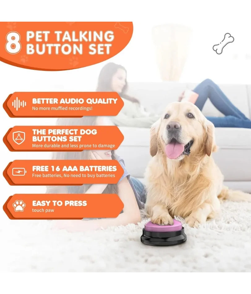 Pulsanti per cani per comunicazione, Pulsanti per parcheggi per cani, 8 pulsanti sonori registrabili + 24 modelli di scena + 1 tappetino per bottoni per cani + 16 AAA