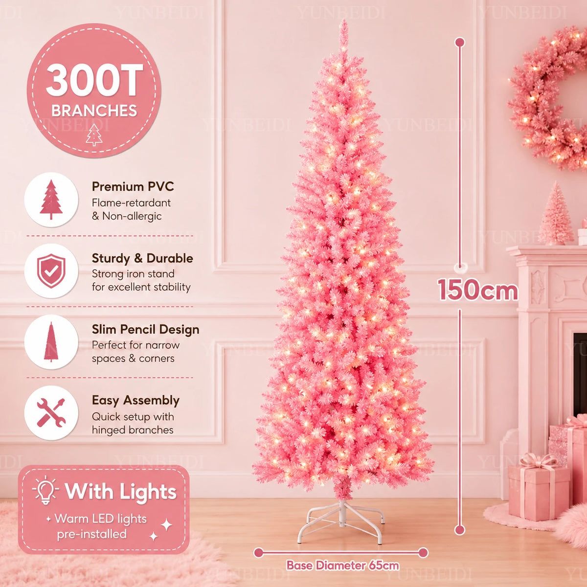 Albero di Natale Rosa a Forma di Matita, Albero Artificiale Sottile in PVC, 120-210 cm, Supporto in Metallo Bianco Opzionale, Decorazione Natalizia con LED USB Bianco Caldo