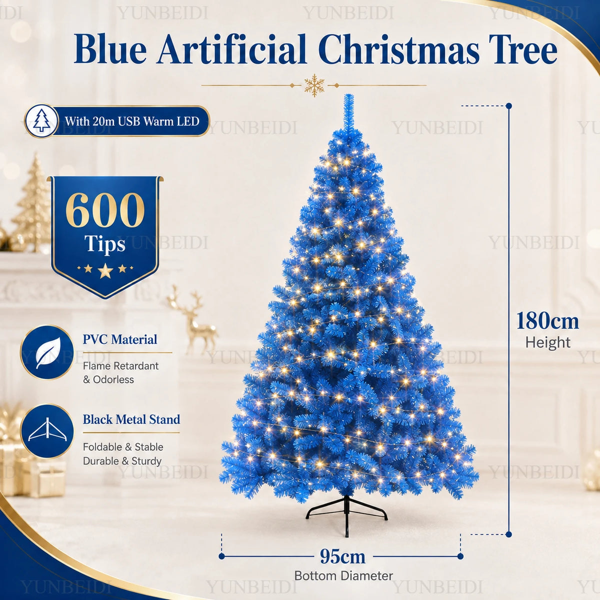 Lussuoso Albero di Natale Blu Artificiale con Rami in PVC e Luci LED Calde, Tema Neve, per Decorazioni Natalizie e Feste in Casa