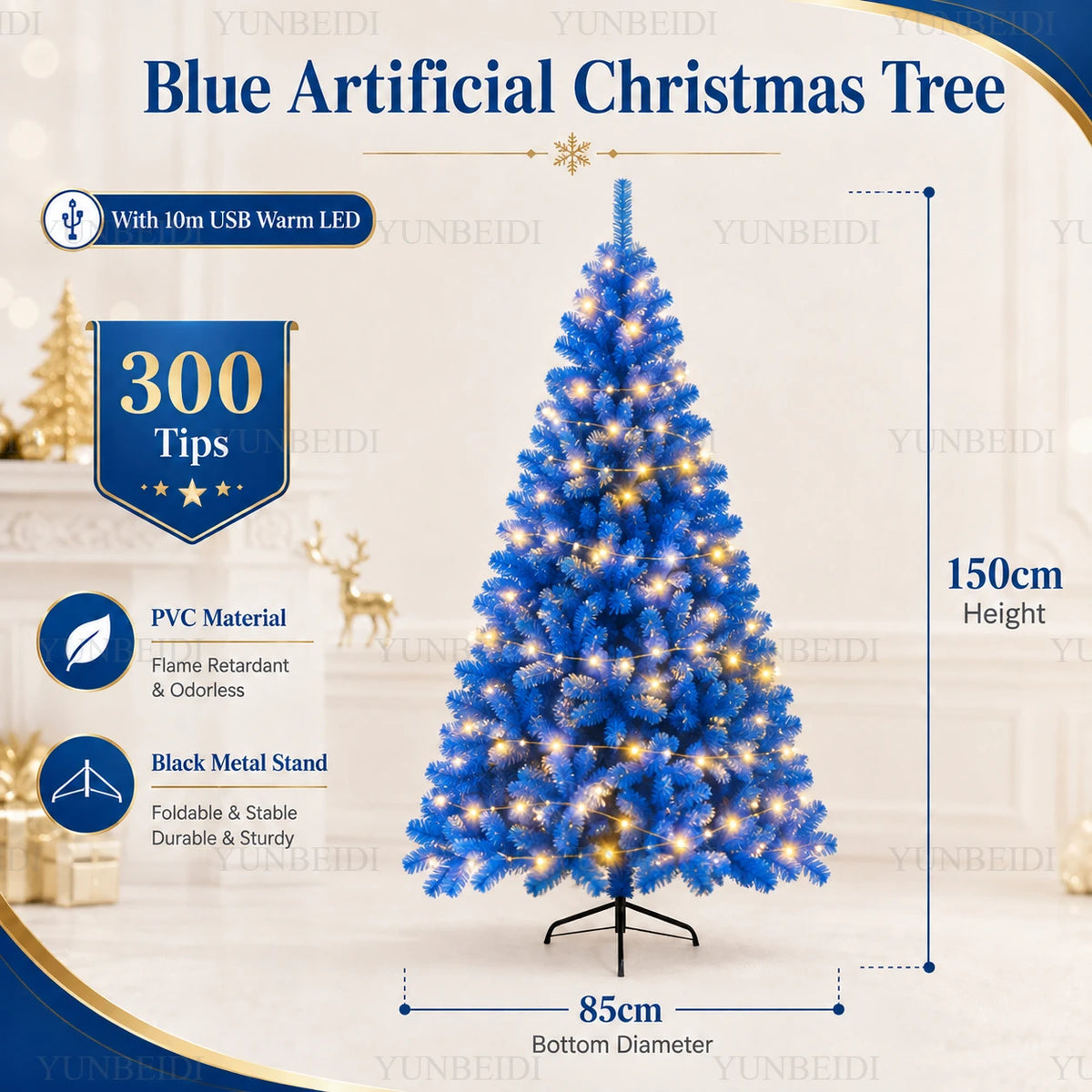 Lussuoso Albero di Natale Blu Artificiale con Rami in PVC e Luci LED Calde, Tema Neve, per Decorazioni Natalizie e Feste in Casa