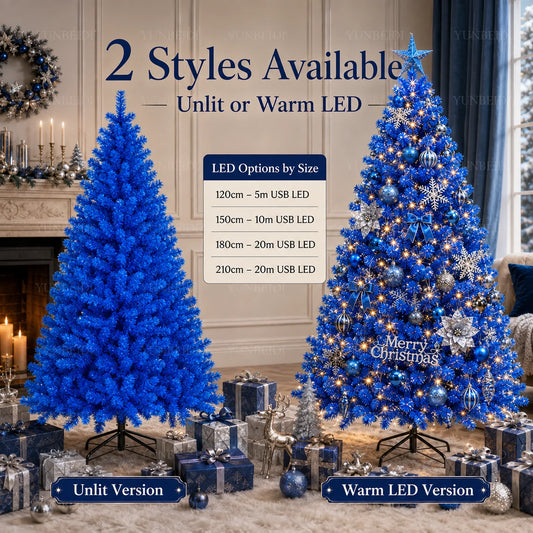 Lussuoso Albero di Natale Blu Artificiale con Rami in PVC e Luci LED Calde, Tema Neve, per Decorazioni Natalizie e Feste in Casa