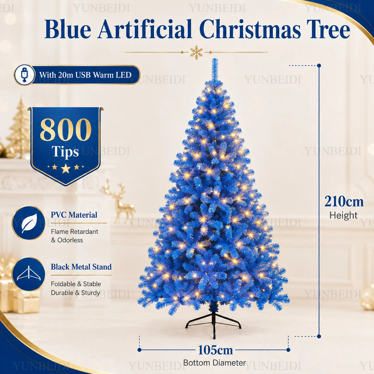 Lussuoso Albero di Natale Blu Artificiale con Rami in PVC e Luci LED Calde, Tema Neve, per Decorazioni Natalizie e Feste in Casa