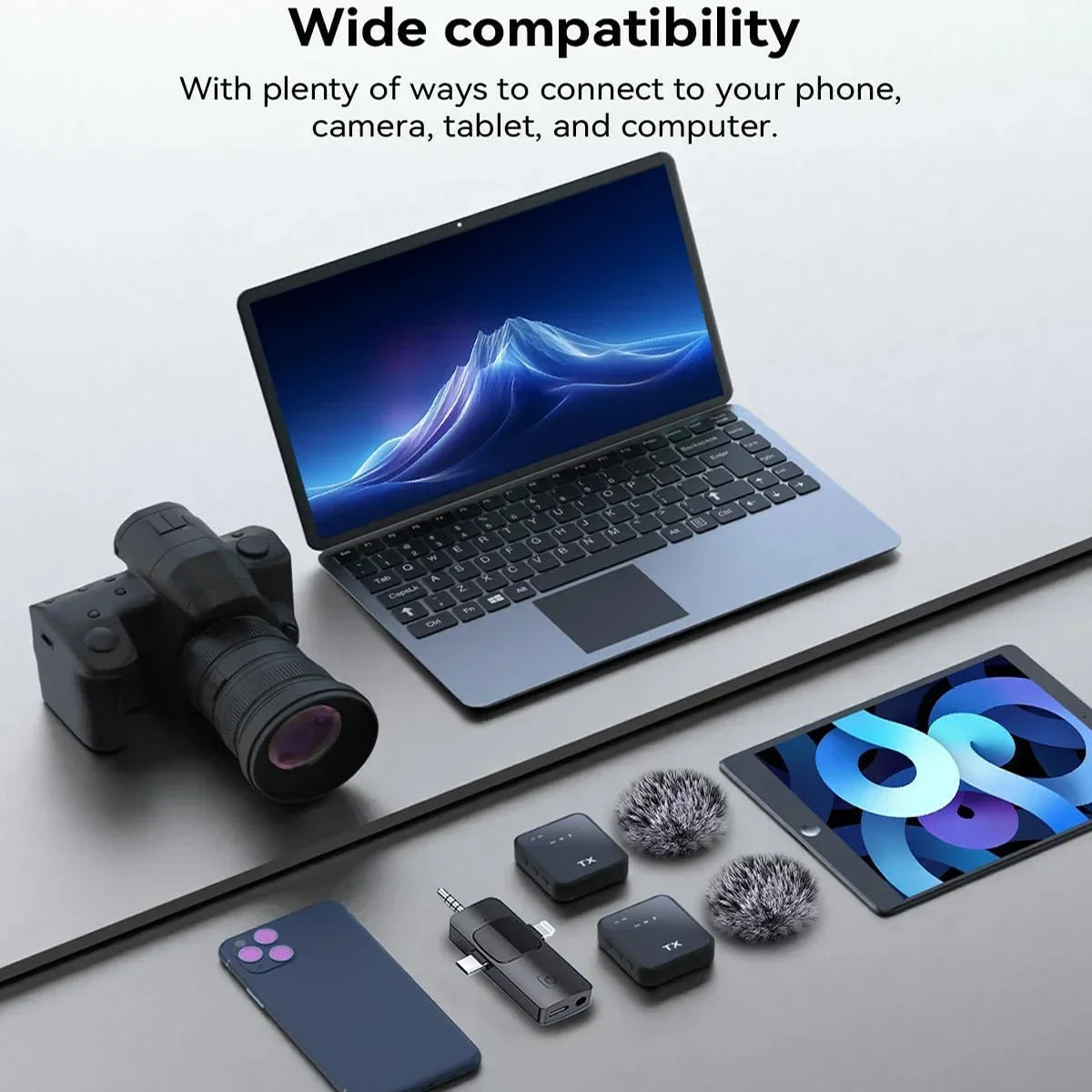 Microfono 3in1 per iPhone/Android, wireless, trasmissione da 328 piedi, mini microfono per interviste registrate