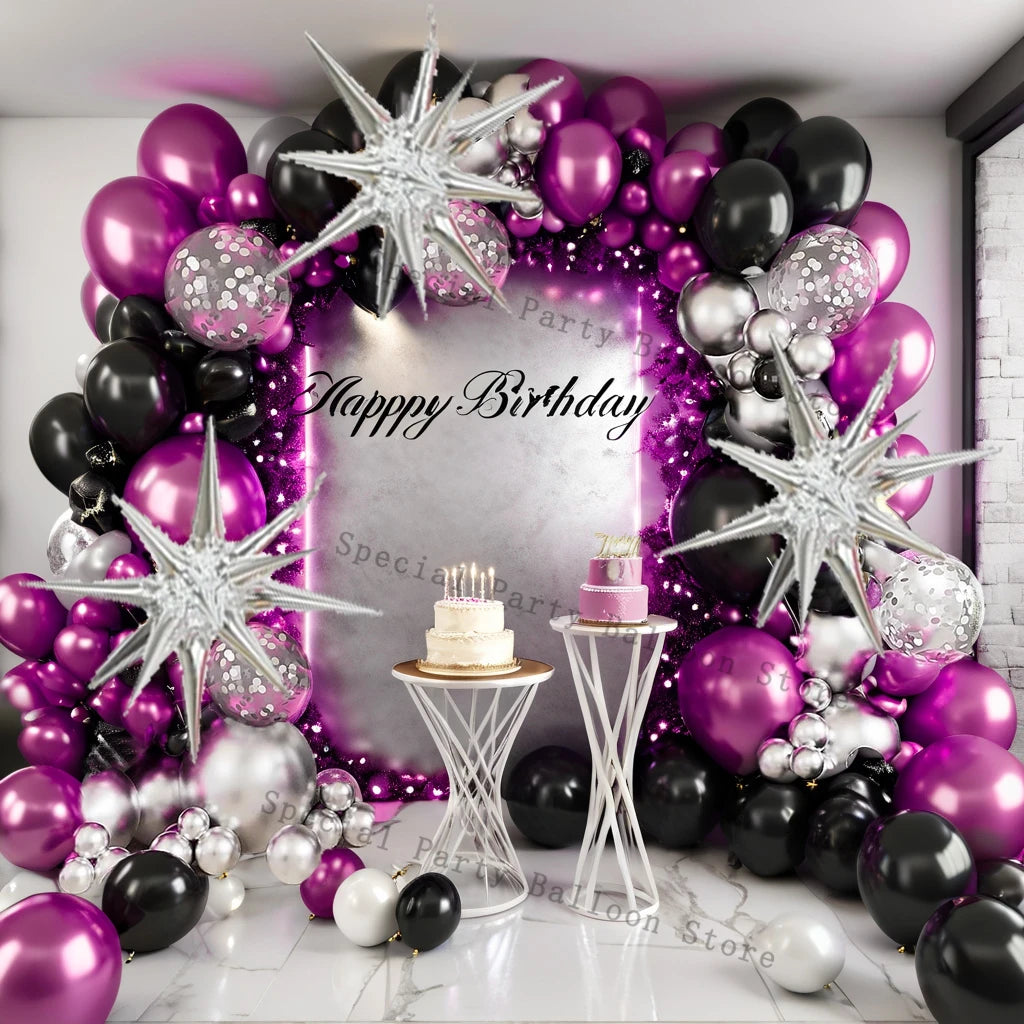 Kit arco ghirlanda di palloncini neri viola argento Palloncino di coriandoli in lattice Decorazioni per feste di buon compleanno Anniversario di matrimonio Baby Shower