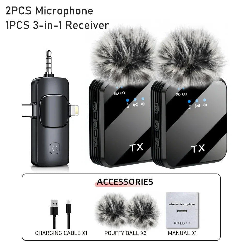 Microfono 3in1 per iPhone/Android, wireless, trasmissione da 328 piedi, mini microfono per interviste registrate