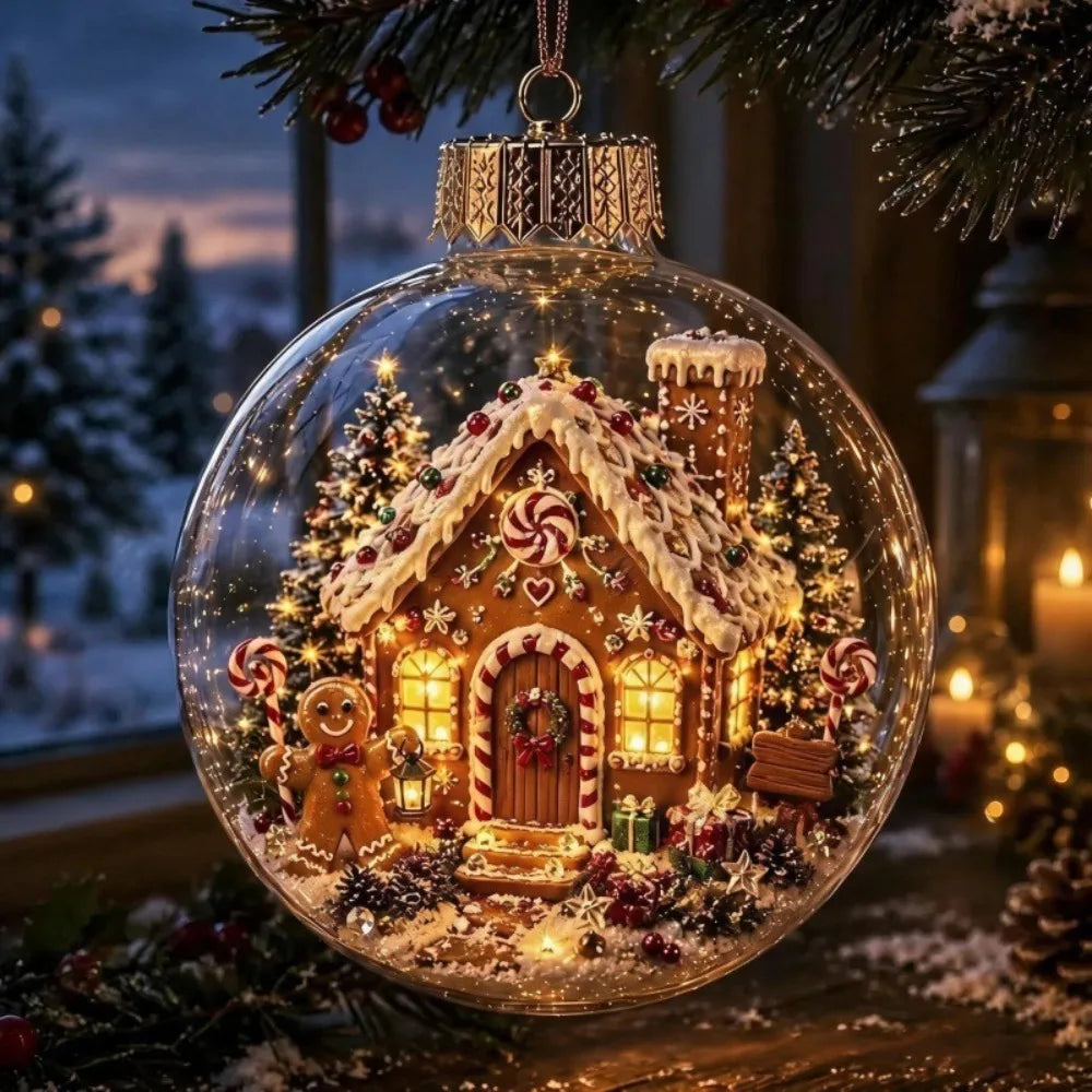 Palla di Natale in Acrilico Trasparente, Dimensione 8CM, Decorazione Natalizia da Appendere con Luce e Ciondolo Babbo Natale