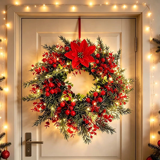 Ghirlanda Natalizia Luminosa di Pino ed Eucalipto, Ghirlanda Artificiale con Bacche Rosse per Decorazione di Portici, Case di Campagna e Feste Natalizie