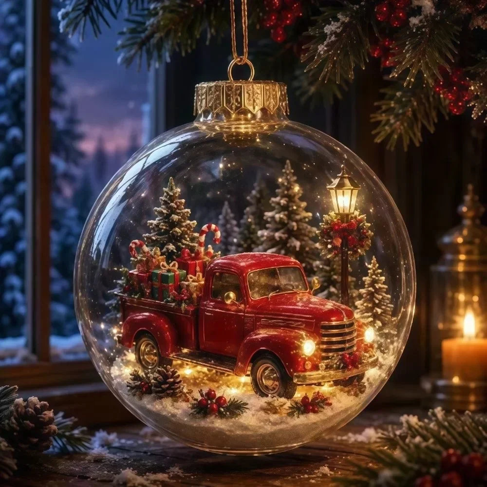 1 pezzo di ornamento natalizio a forma di palla in acrilico da 8 cm, design trasparente con ciondolo luminoso di Babbo Natale, decorazione natalizia da appendere.