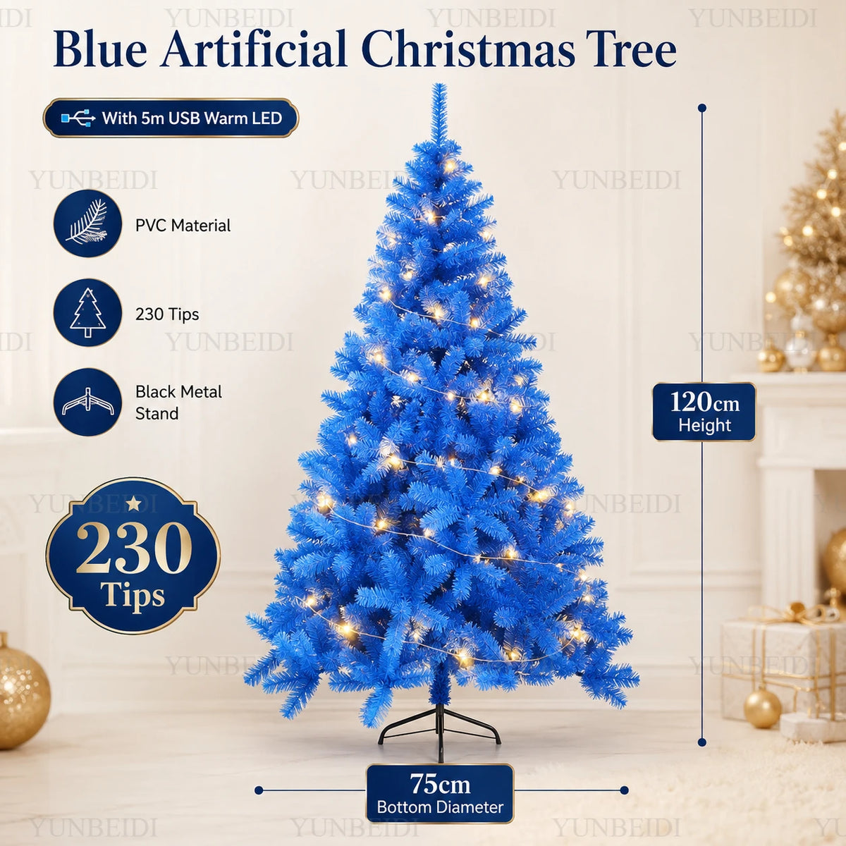 Lussuoso Albero di Natale Blu Artificiale con Rami in PVC e Luci LED Calde, Tema Neve, per Decorazioni Natalizie e Feste in Casa