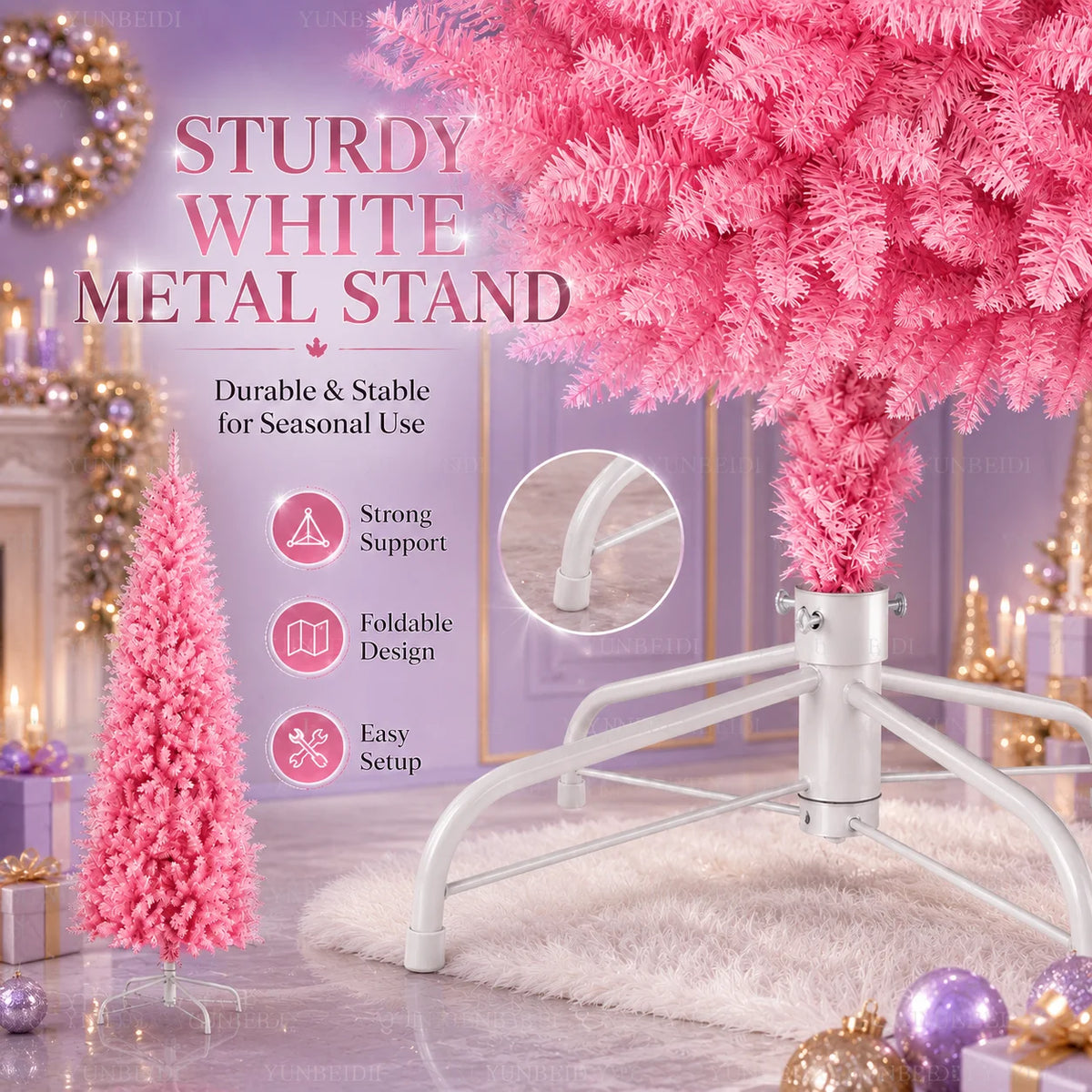Albero di Natale Rosa a Forma di Matita, Albero Artificiale Sottile in PVC, 120-210 cm, Supporto in Metallo Bianco Opzionale, Decorazione Natalizia con LED USB Bianco Caldo
