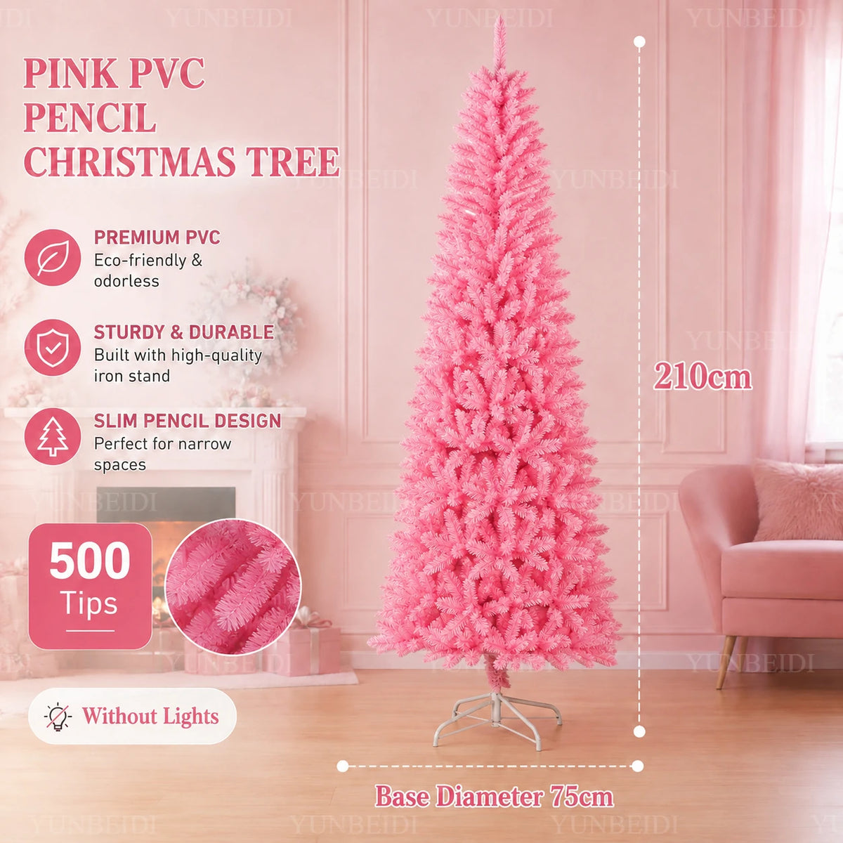 Albero di Natale Rosa a Forma di Matita, Albero Artificiale Sottile in PVC, 120-210 cm, Supporto in Metallo Bianco Opzionale, Decorazione Natalizia con LED USB Bianco Caldo