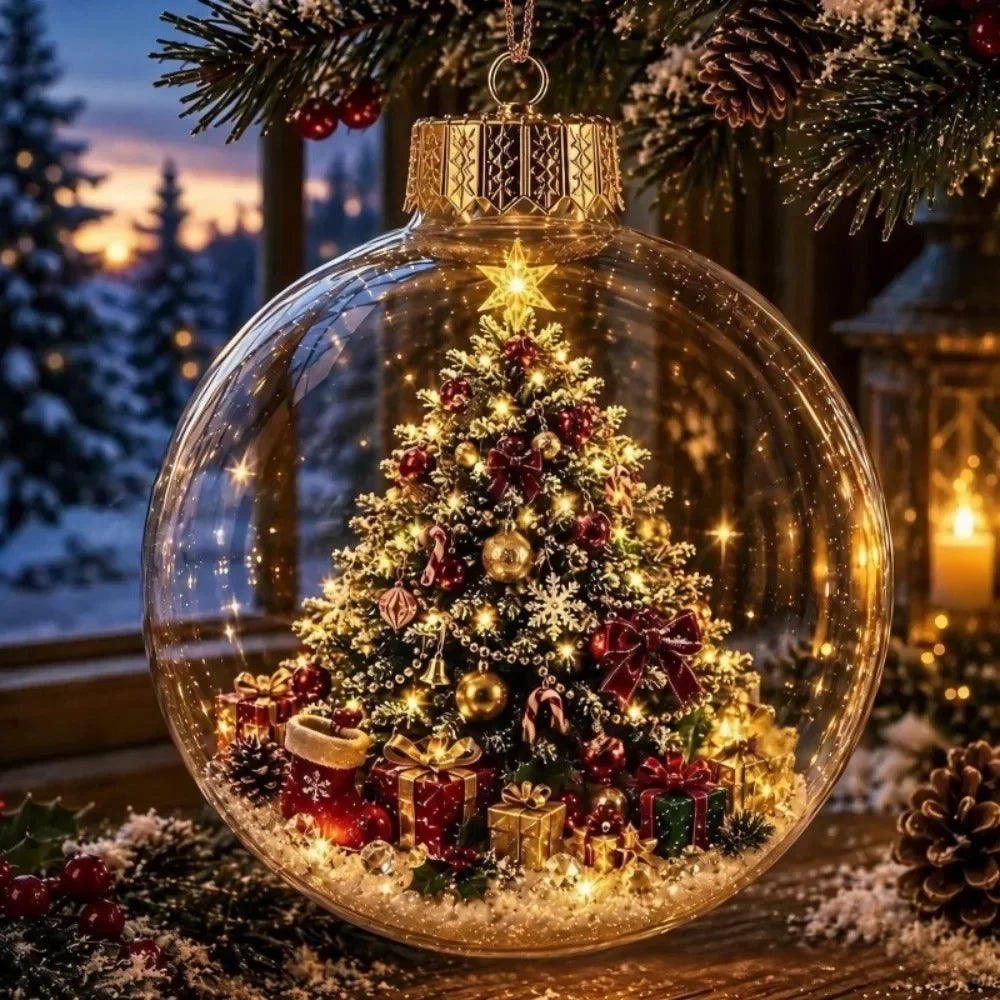 1 pezzo di ornamento natalizio a forma di palla in acrilico da 8 cm, design trasparente con ciondolo luminoso di Babbo Natale, decorazione natalizia da appendere.